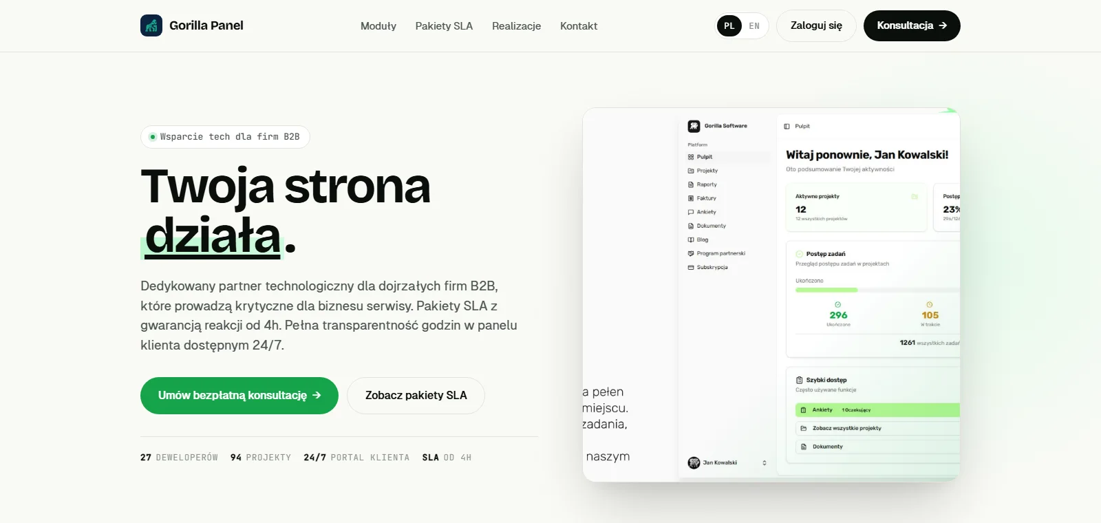 Gorilla Panel — portal klienta z projektami, godzinami i fakturami